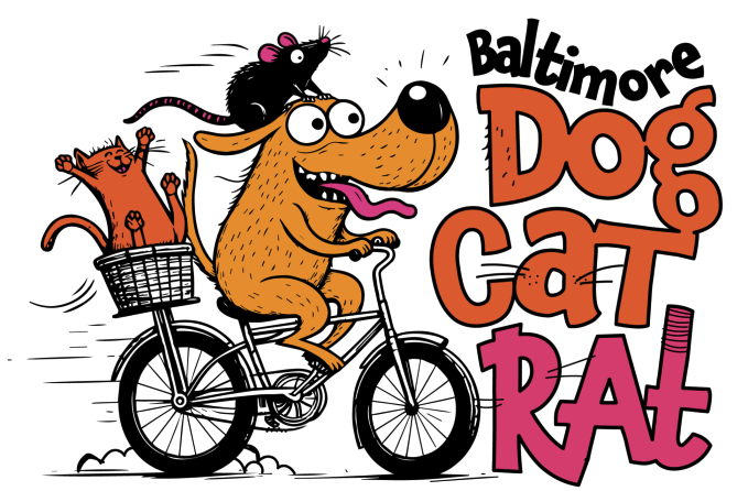 A logo that says Baltimore's Dog Cat Rat Race featuring a dog riding a bicycle. There is a rat on the dog's head, and a cat riding on the back of the bicycle in a basket.