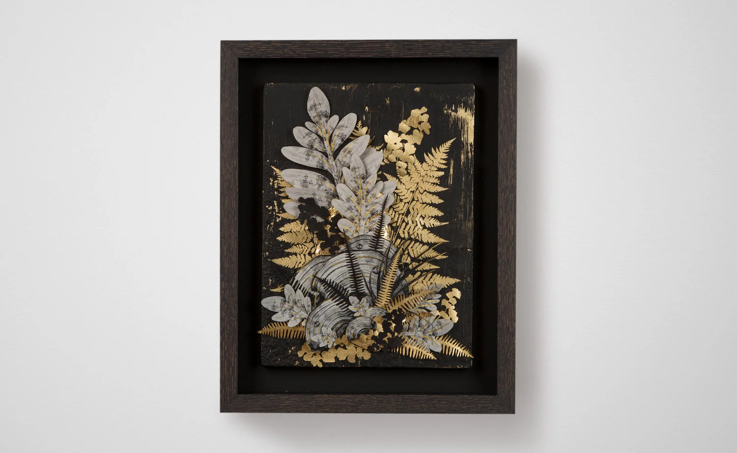  2017, Fragments Of A Forest II  C-print on rice paper, wood, rock slates, Dutch gold leaf, and acrylic paint. 5 x 9 inches. 