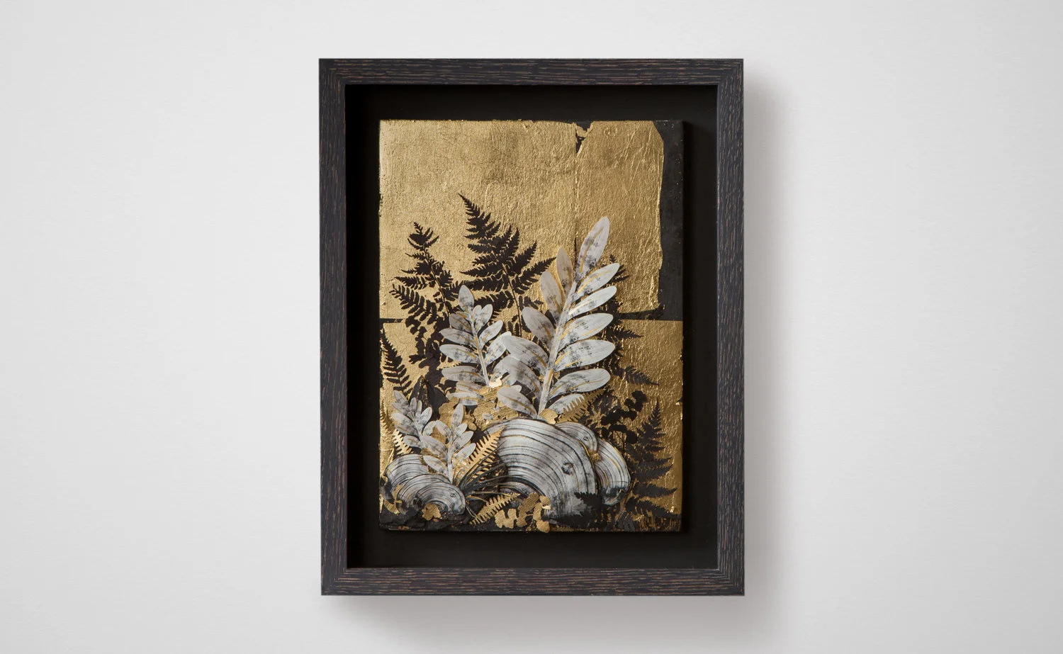  2017, Fragments Of A Forest III  C-print on rice paper, wood, rock slates, Dutch gold leaf, and acrylic paint. 5 x 9 inches. 