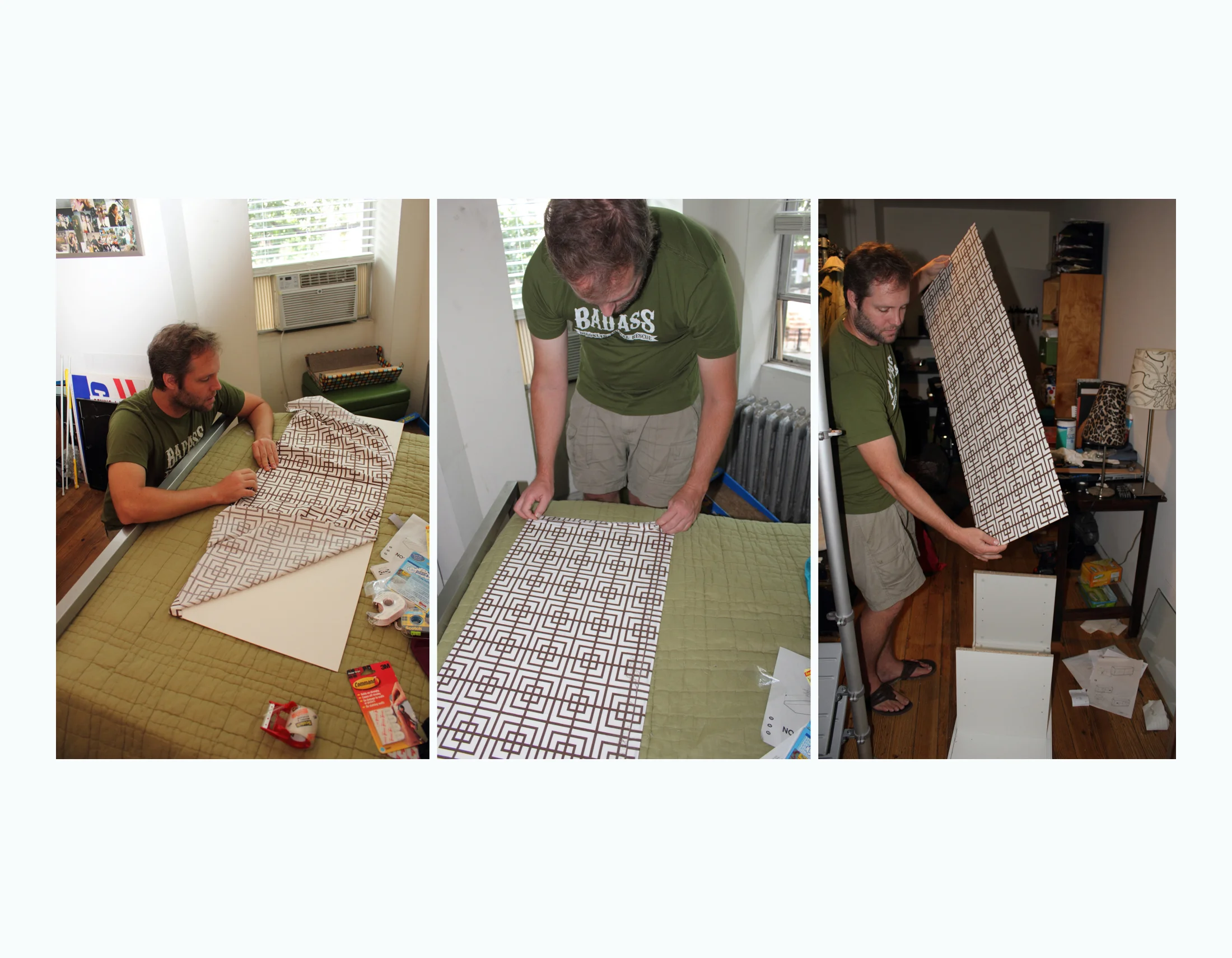    We covered the back panel insert with the fabric, making sure it was centered. Since we were inserting it into the already made grooves in the Stolmen cabinet unit we were able to fold over the fabric edges, carefully and neatly tape the seam and 