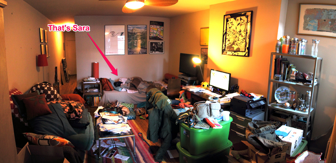 BEFORE - When we got to Sara, not only was there a lot of disorder in her apartment, we also had a hard time finding HER under all the stuff. She needed major help organizing and getting rid of clutter so she put the Haus Husbands to work.