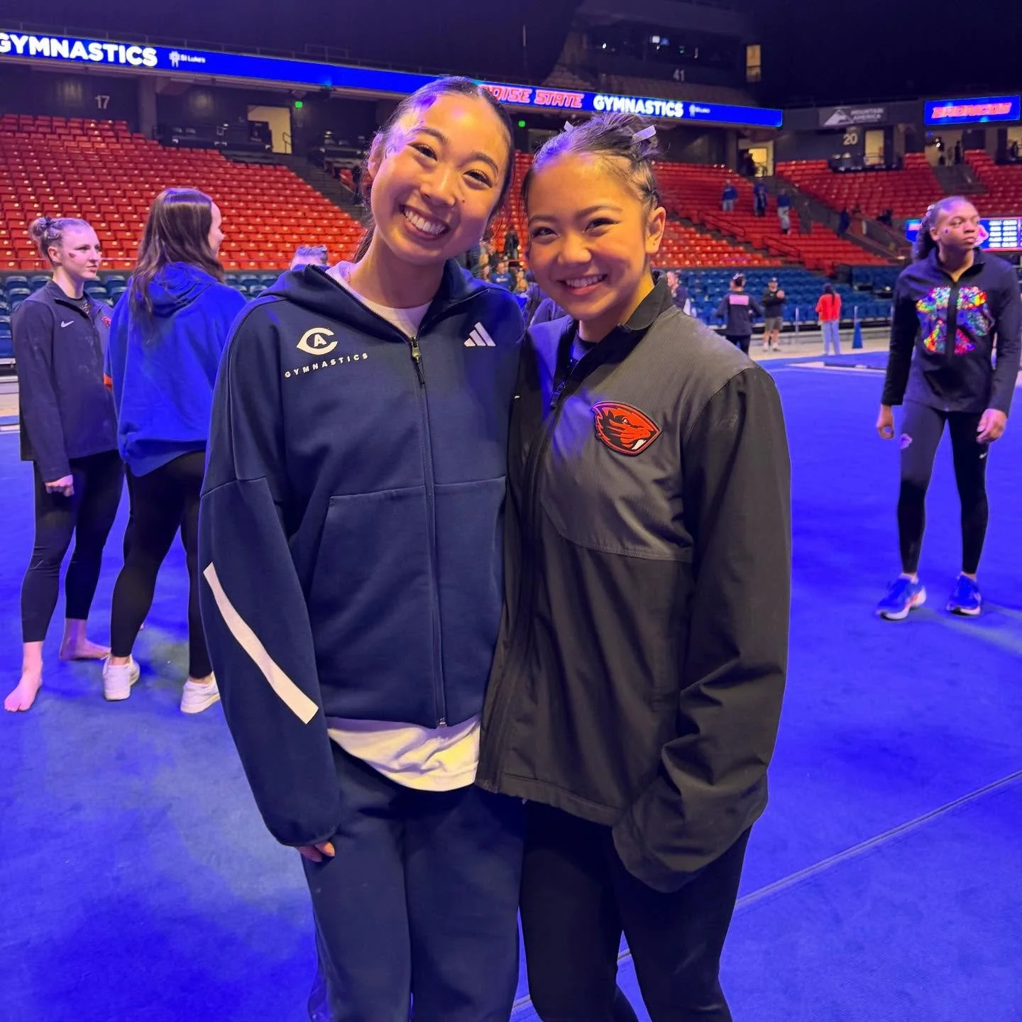 Our Katie and Jaden competing for Oregon State and UC Davis 🧡💙 #southcoastgymnasticsalum