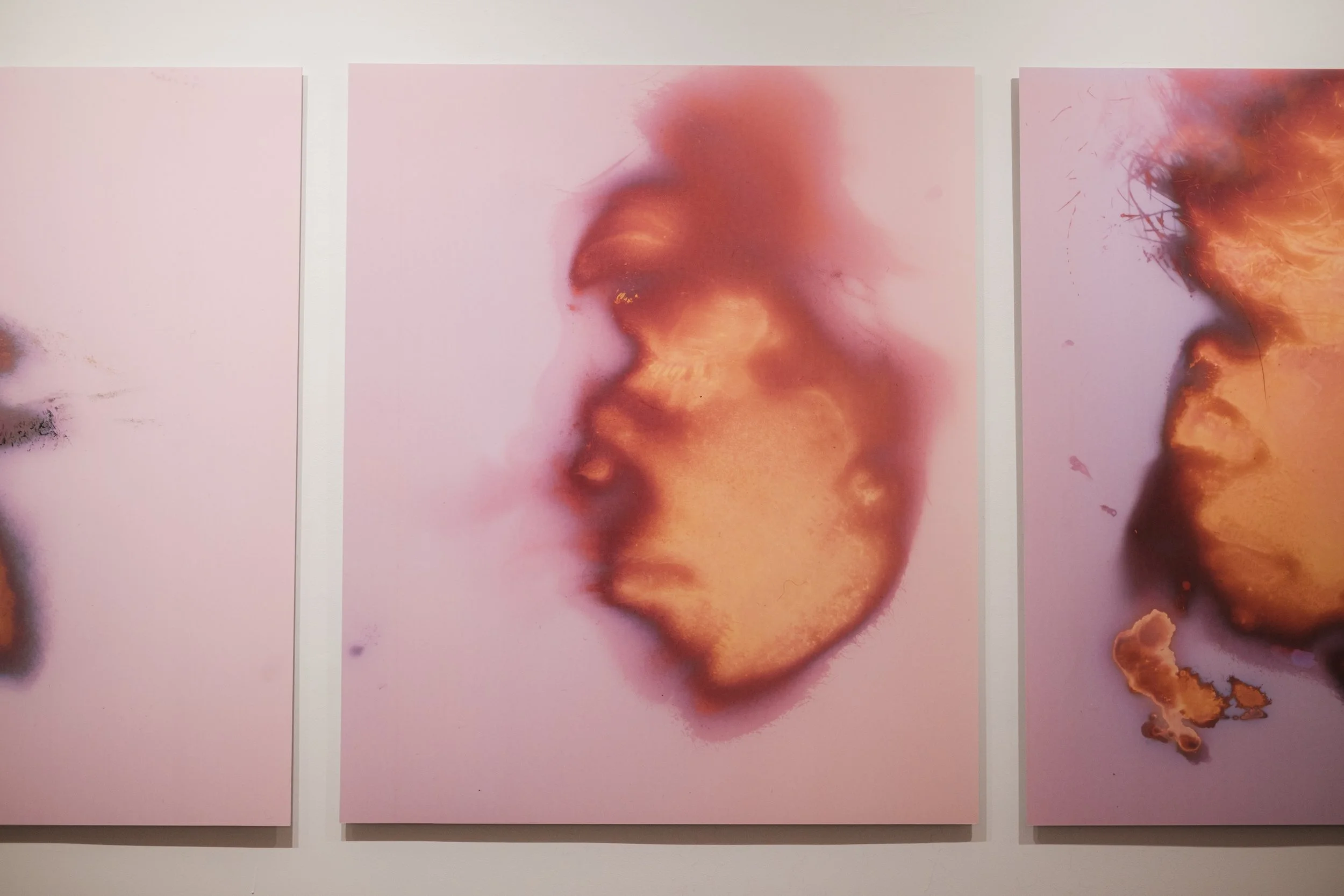 Installation image from "countermask," featuring 3 photographs hung on a white wall. Photograph courtesy of Clint Fuller. On view at the Welch Gallery 130 at Georgia State University, March 2026.