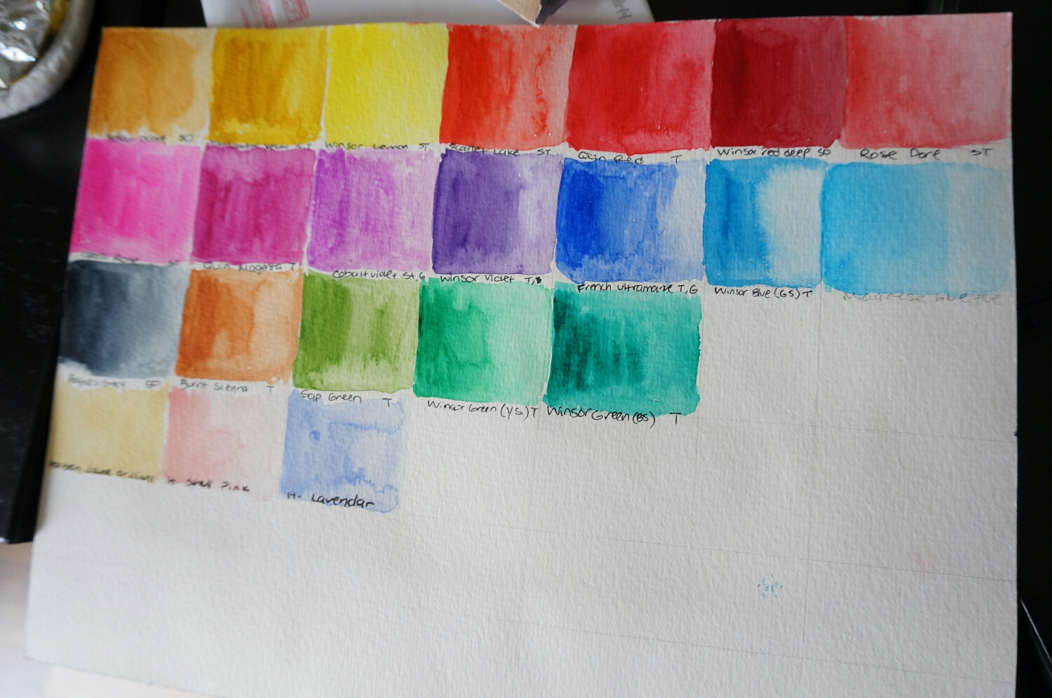 A color chart of some Winsor and Newton paints