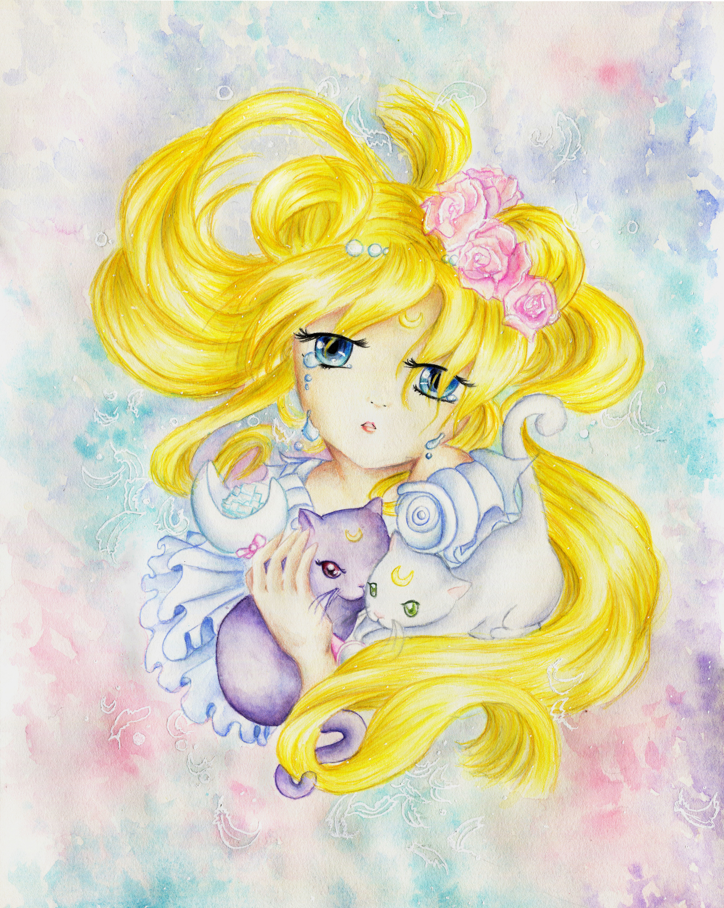 The scanned version of the final work. Her skin looks a bit darker and her hair is leaning toward a lemon yellow instead of "sunshine" yellow.