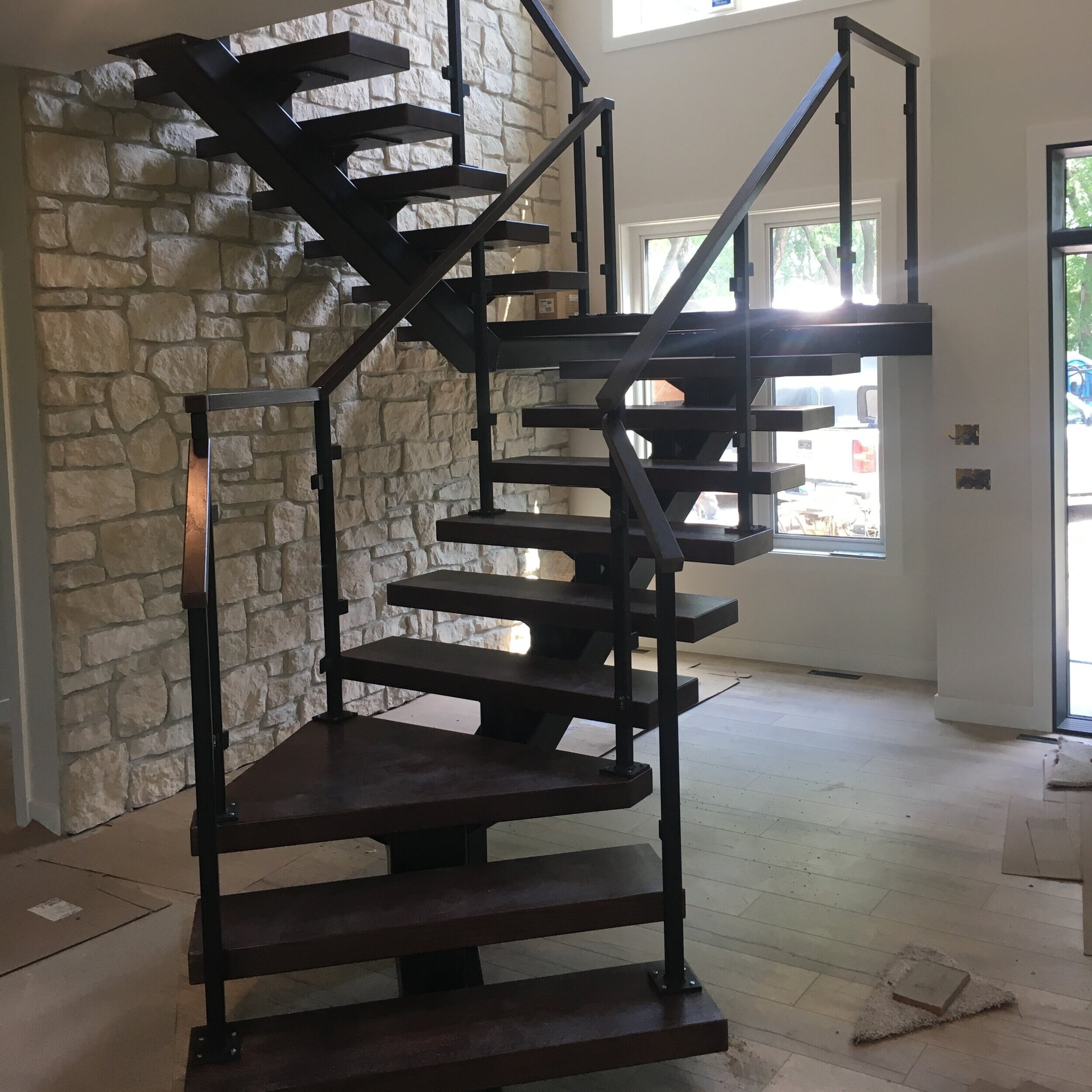 custom timber timberframe stair railing stairway staircase metal glass