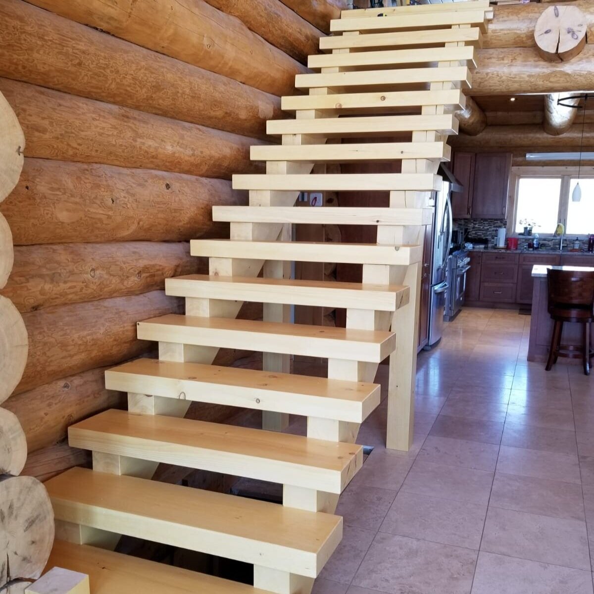 custom timber timberframe stair railing stairway staircase log cabin