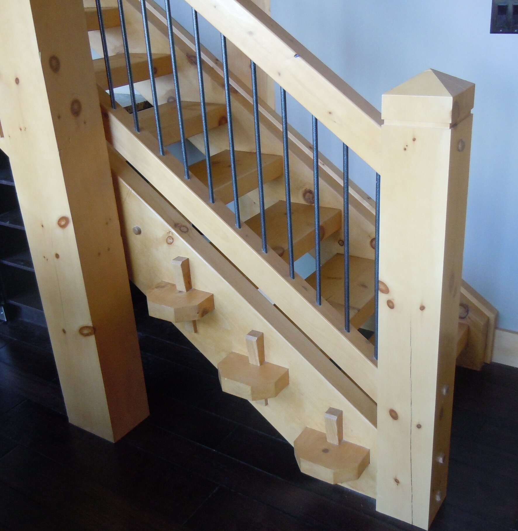 custom timber timberframe stair railing stairway staircase joinery tongue-wedge