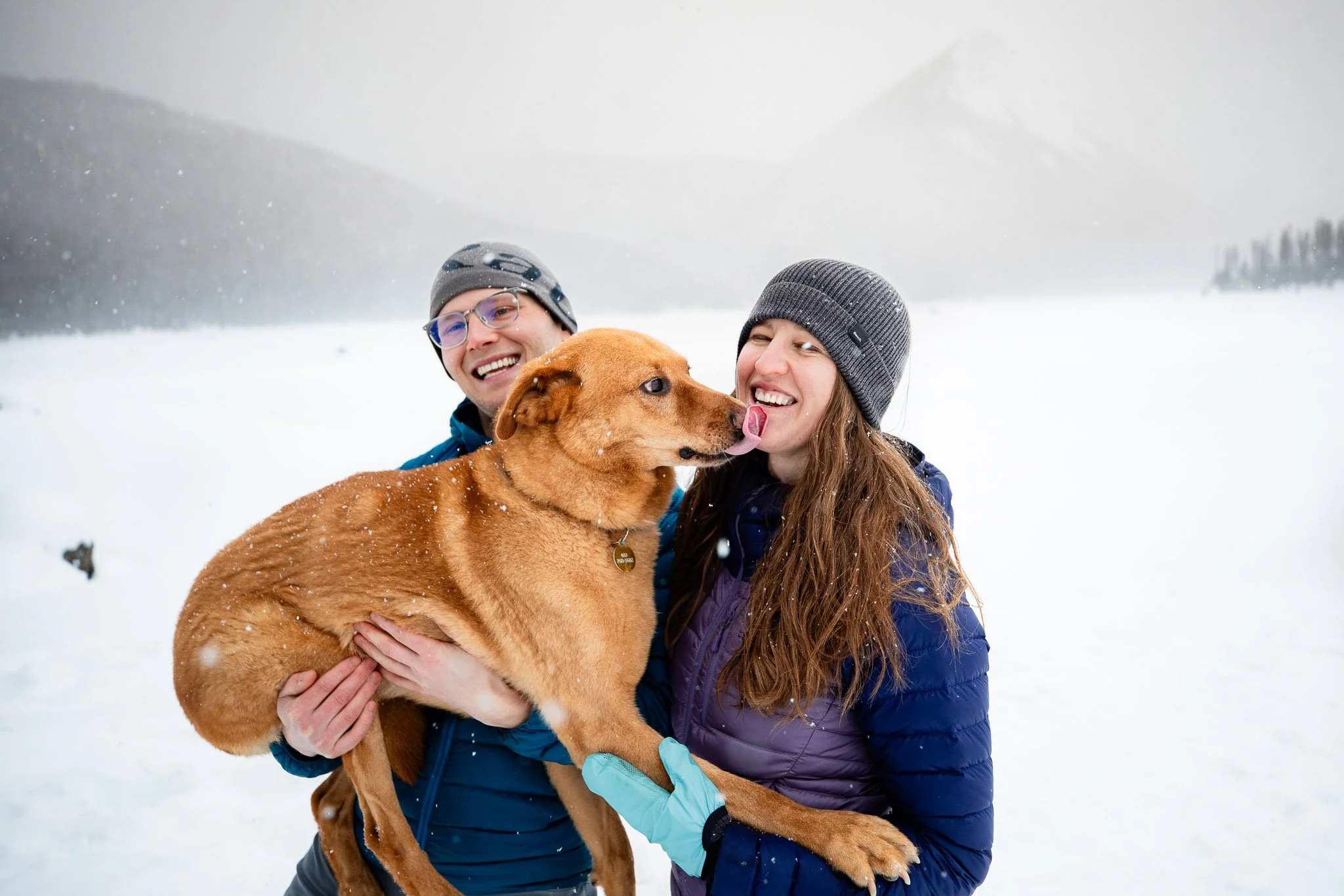 Tyler and Taryn laugh as their dog plays in the snow during their winter engagement photo session.