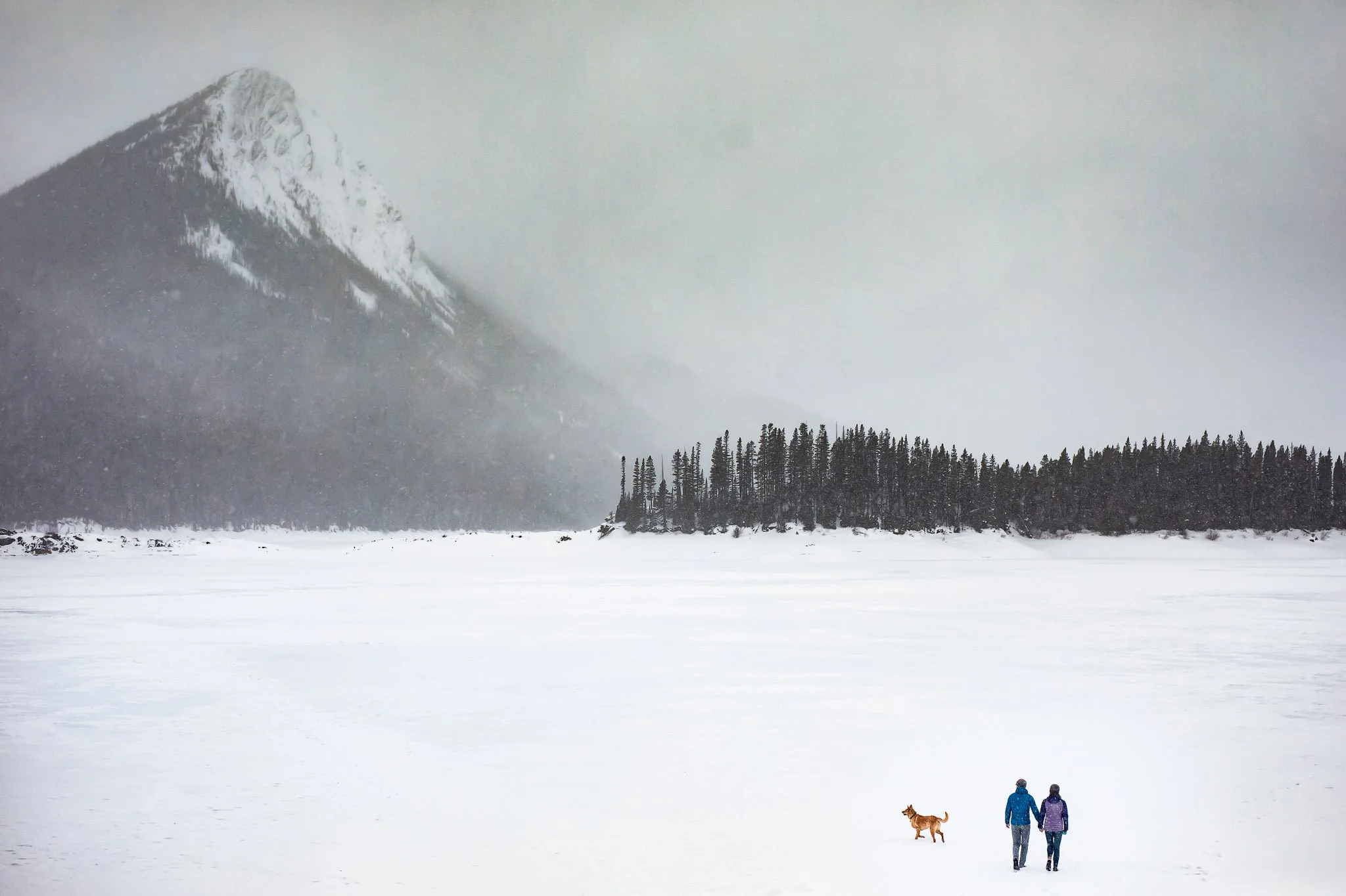 Engaged couple standing together in a snowy field surrounded by fog during a winter engagement session in Upper Kananaskis.