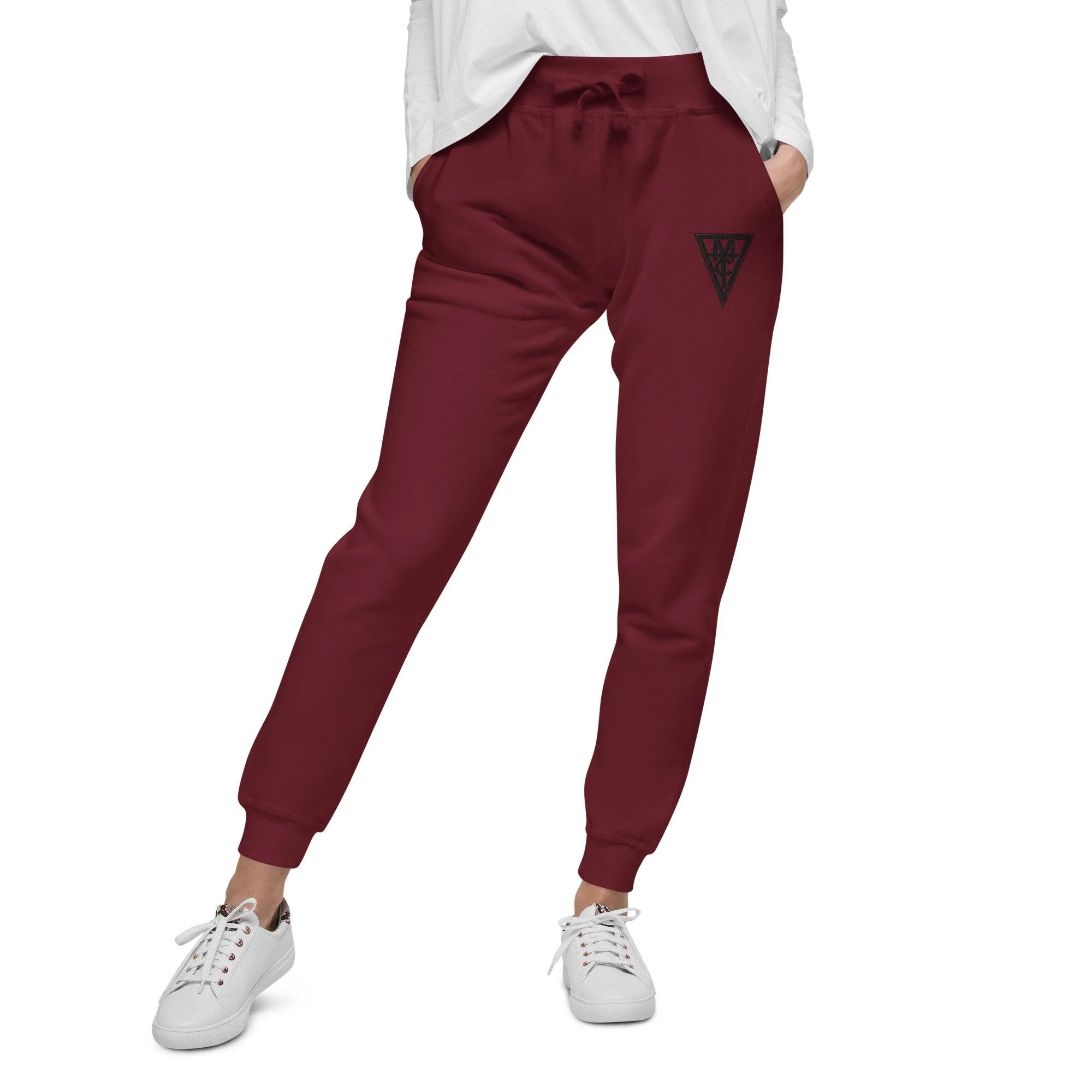 unisex-fleece-sweatpants-maroon-front-691bd0a784b89.jpg