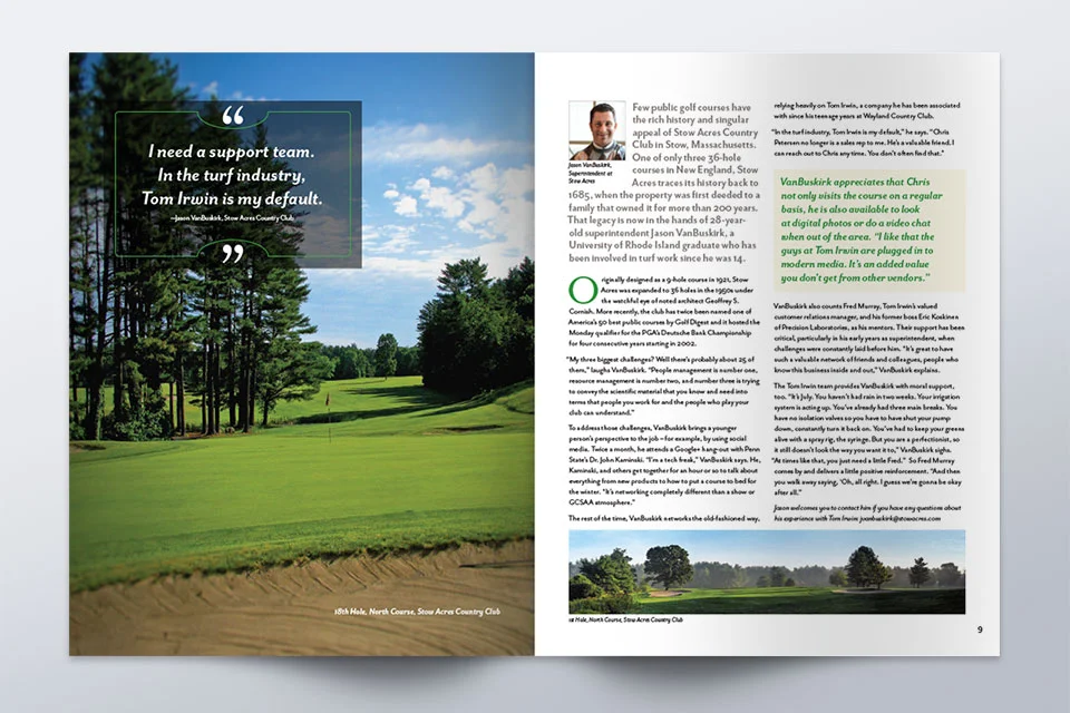 Spread from the 56-page Tom Irwin portfolio of client stories