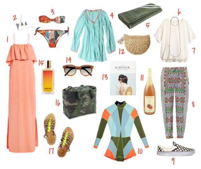 1. MSGM maxi dress | 2. Mociun triangle earrings | 3. Laura Urbinati bikini | 4. Surf Bazaar tunic | 5. Saturdays Surf beach towel | 6. Bettina Duncan pyrite necklace | 7. H&M silk top | 8. Mara Hoffman trousers | 9. Vans slip-ons | 10. Cynthia Rowley wetsuit | 11. Dom. de la Bastide "Figue Côtes du Rhône Rosé | 12. Flora Bella raffia clutch | 13. Kinfolk volume 12 | 14. The Row sunglasses | 15. Warm NY body oil | 16. LL Bean camo tote | 17. K Jacques sandals 