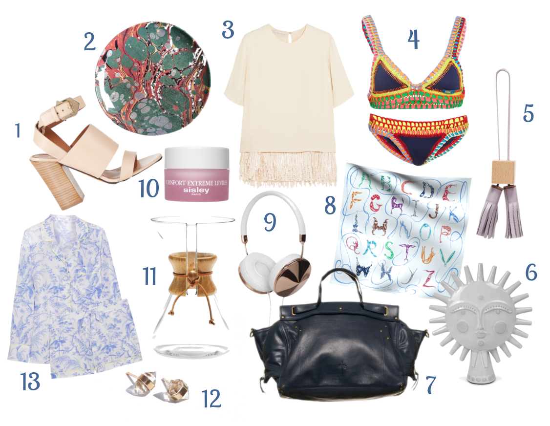 1. Givenchy high-heeled sandals | 2. Astier de Villette dinner plate | 3. Stella McCartney fringed top | 4. Kiini swimsuit | 5. Need Supply Co. leather tassel | 6. Jonathan Adler Utopia sun | 7. Jerome Dreyfuss bag | 8. Hermès silk scarf | 9. Frends headphones | 10. Sisley lip balm | 11. Chemex coffeemaker | 12. White quartz earrings | 13. Equipment silk pajamas