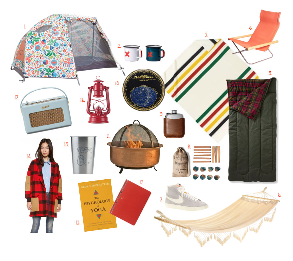 1. Poler Stuff two-man tent | 2. Best Made enamel mugs | 3. Pendleton wool blanket | 4. Ny chair | 5. LL Bean deluxe sleeping bag | 6. Cape Cod-style hammock | 7. Nike Blazer high-tops | 8. Fire starter kit | 9. Pewter flask with leather case | 10. The Miller Planisphere | 11. Copper fire pit | 12. Postalco notebook | 13. The Psychology of Yoga | 14. Rachel Comey Buffalo check coat | 15. Poler x Mizu stainless steel party cup | 16. German kerosene lantern | 17. Roberts Revival R250 radio
