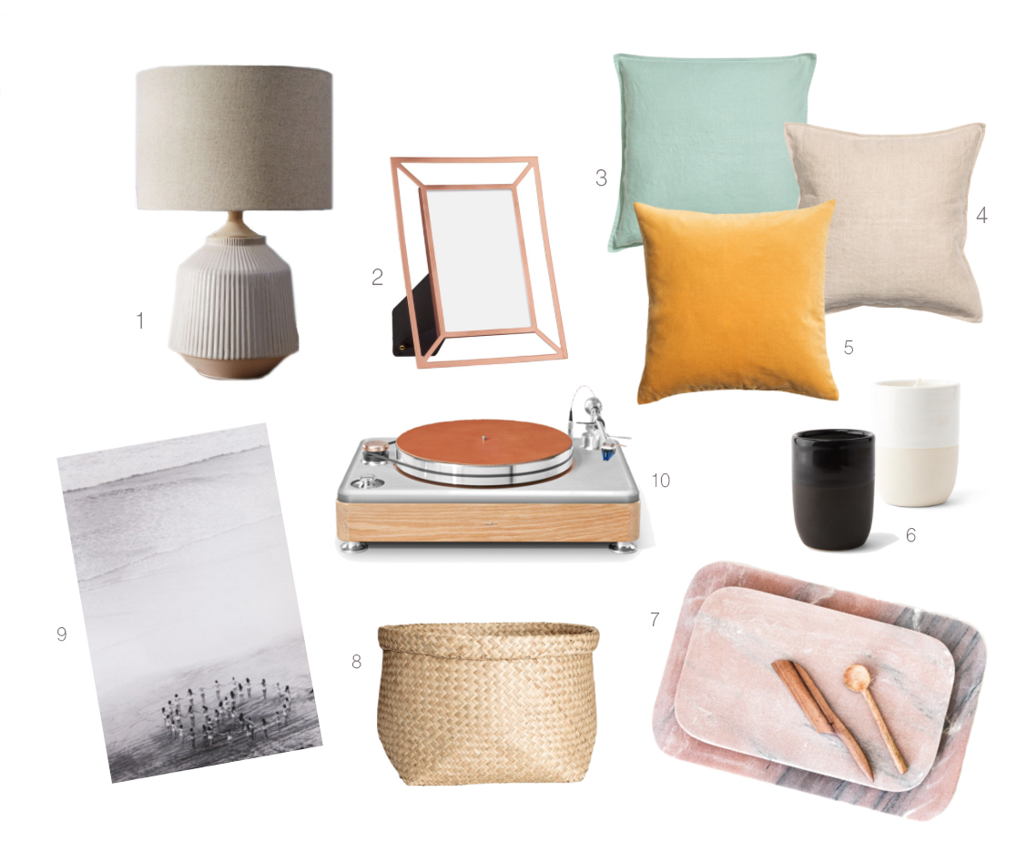 1. Ceramic table lamp | 2. Copper photo frame | 3. Linen pillow cover in dusky green | 4. Linen pillow cover in linen beige | 5. Velvet pillow cover in mustard yellow | 6. Norden candles | 7. Pink marble tray with copper feet | 8. Seagrass storage basket | 9. Jamie Street Peace print | 10. Rose gold Runwell turntable 