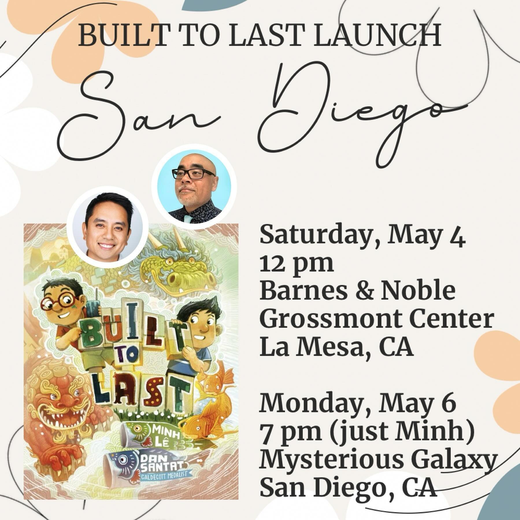 BUILT TO LAST comes out tomorrow and on Saturday, @dsantat &amp; I will be launching it in  San Diego&mdash;come join us! @knopfkids @randomhousekids 

Saturday, May 4 (12 pm)
Barnes &amp; Noble Grossmont Center
La Mesa, CA
(Note: a portion of the pr