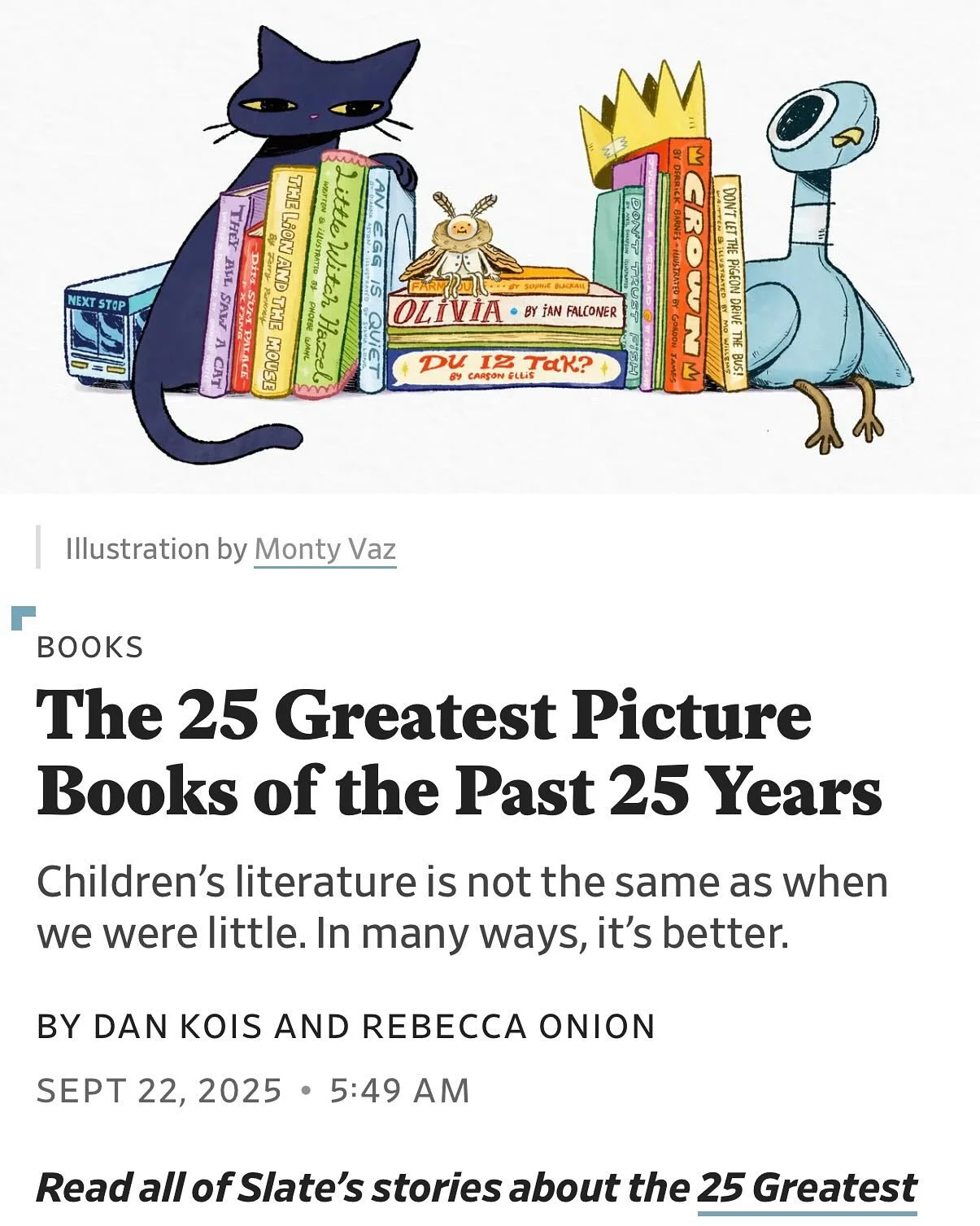 I love that @slate put together a list of the 25 Greatest Picture Books of the Last 25 Years and I was so excited that I got to highlight two of my absolute favorites: LAST STOP ON MARKET STREET by @mattdelapena and @theartoffun and DREAMERS by @yuyi