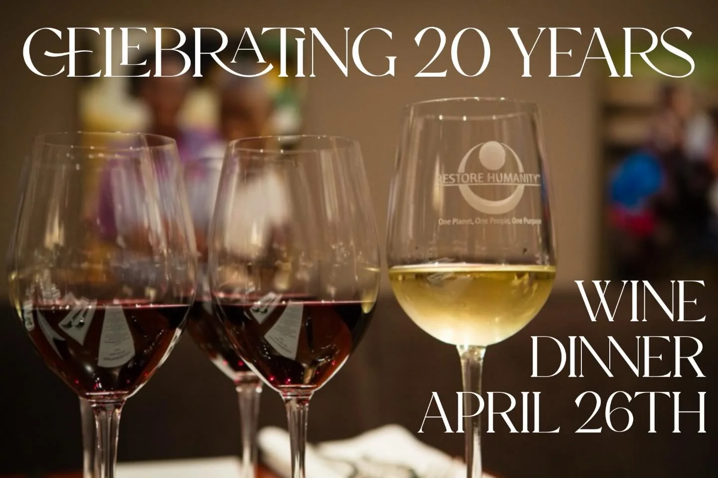 📣Restore Humanity turns 20 this year📣

Join us at our Annual Wine Dinner at Bordinos, on April 26th, where we will be celebrating 20 years! 🥳🥳

We are so grateful for the sustaining support from our community, and we look forward to breaking brea