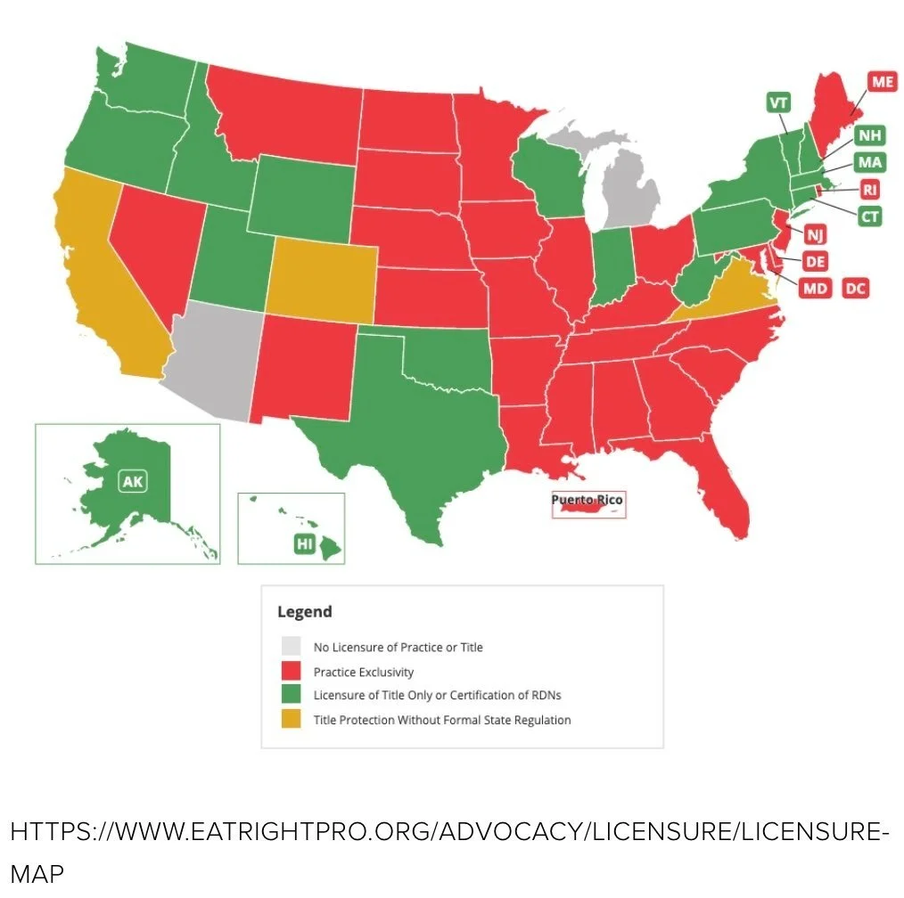 A map of the United States with varying Colors of red, green, yellow, and gray depicting license requirements of registered dietitians across the country.