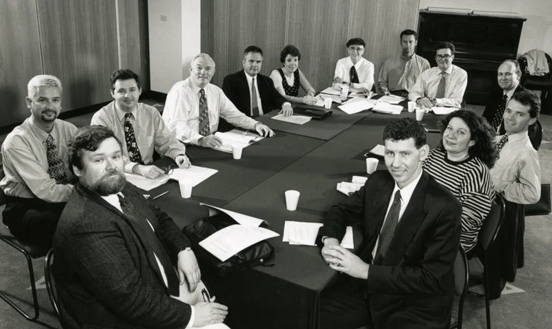 From left to right Peter Brownlee, Colin Allen, Mark Kelly, Anthony Gorringe, George Barbouttis, Rebecca Ladd, Anne MacRae, Paul Heuston (interpreter), Adam Salzer, Hugh MacNally, Andrew Young, Sharon Everson and Gerard Abrams 