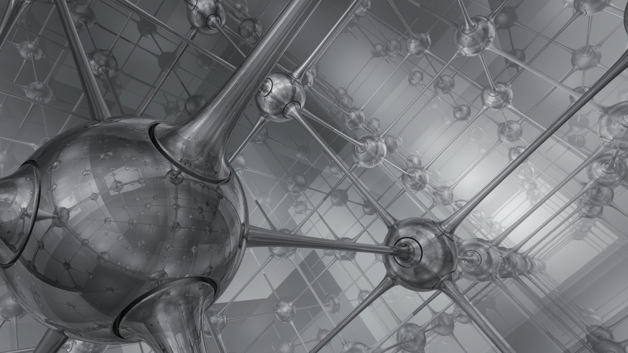 The rendering above shows a network of interconnected, reflective nodes — each reflecting each other.