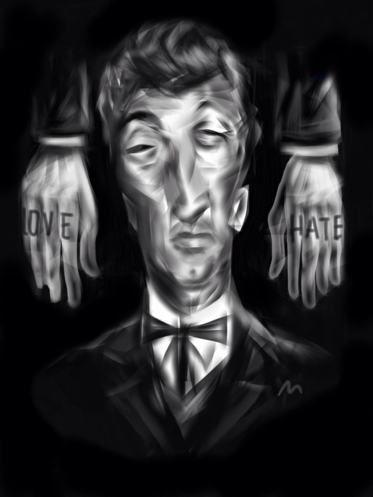 Robert Mitchum, "Night of the Hunter" "Now watch, and I'll show you the story of life. Those fingers, dear hearts, is always a-warring and a-tugging, one agin t'other"