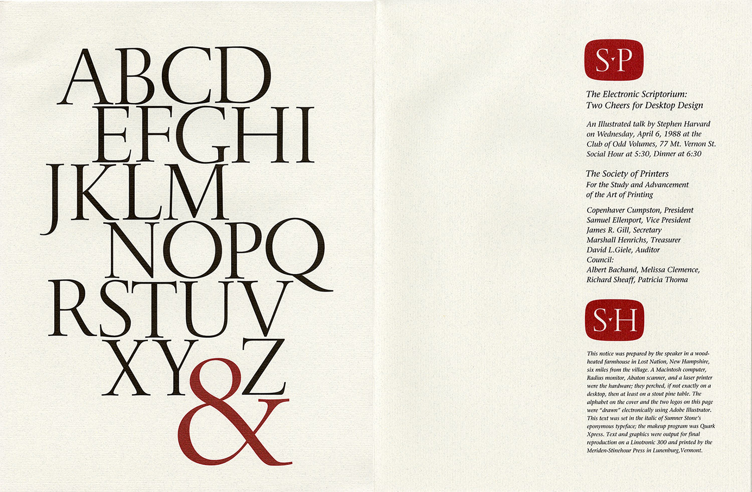 Stephen Harvard calligraphy, hand drawn alphabet, announcement for talk at Society of Printers in Boston, 1980.