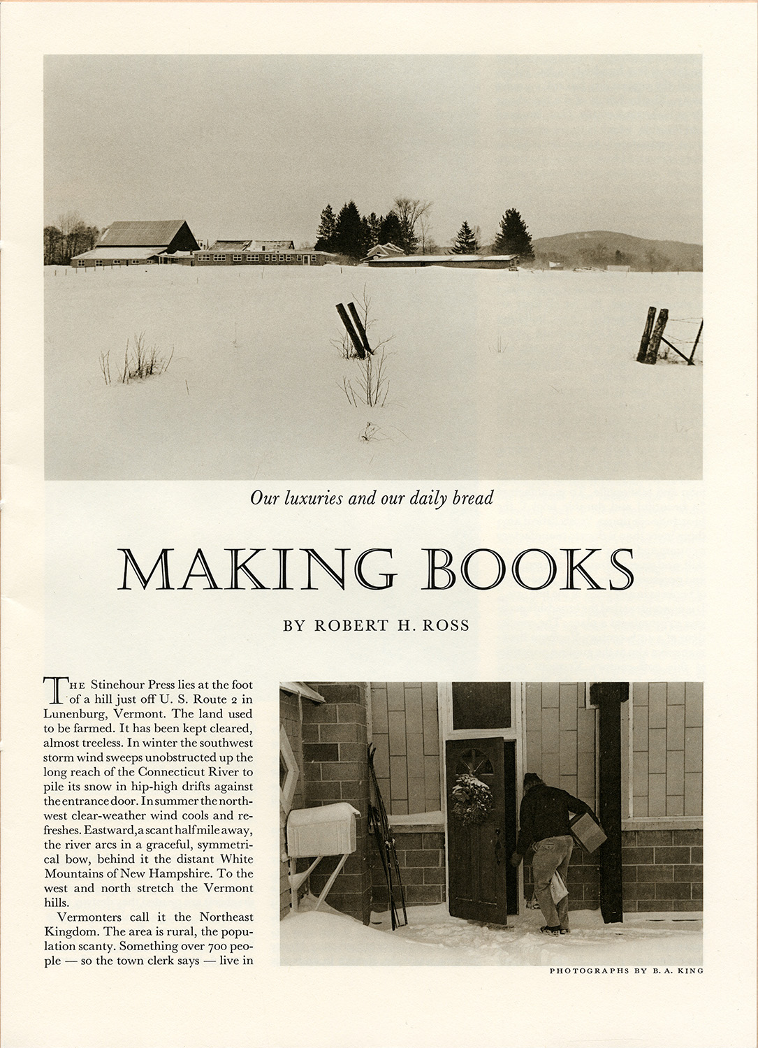 Making Books by Robert H. Ross. Photographs by Tony King. Printed by the Stinehour Press, Lunenburg, Vermont. View of the Stinehour Press buildings.