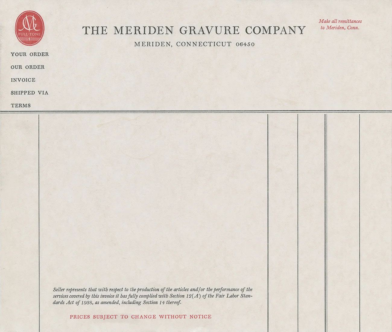 Invoice from the Meriden Gravure Company from the 1940s