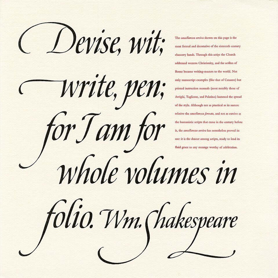From Alphabets of Grace, a 1986 calendar of letterforms &amp; type designs, printed in two colors letterpress, on a unique letterpress version of Curtis Tweedweave paper, by The Stinehour Press in Lunenburg, Vermont. (10.875 x 10.875 inches)
Designed