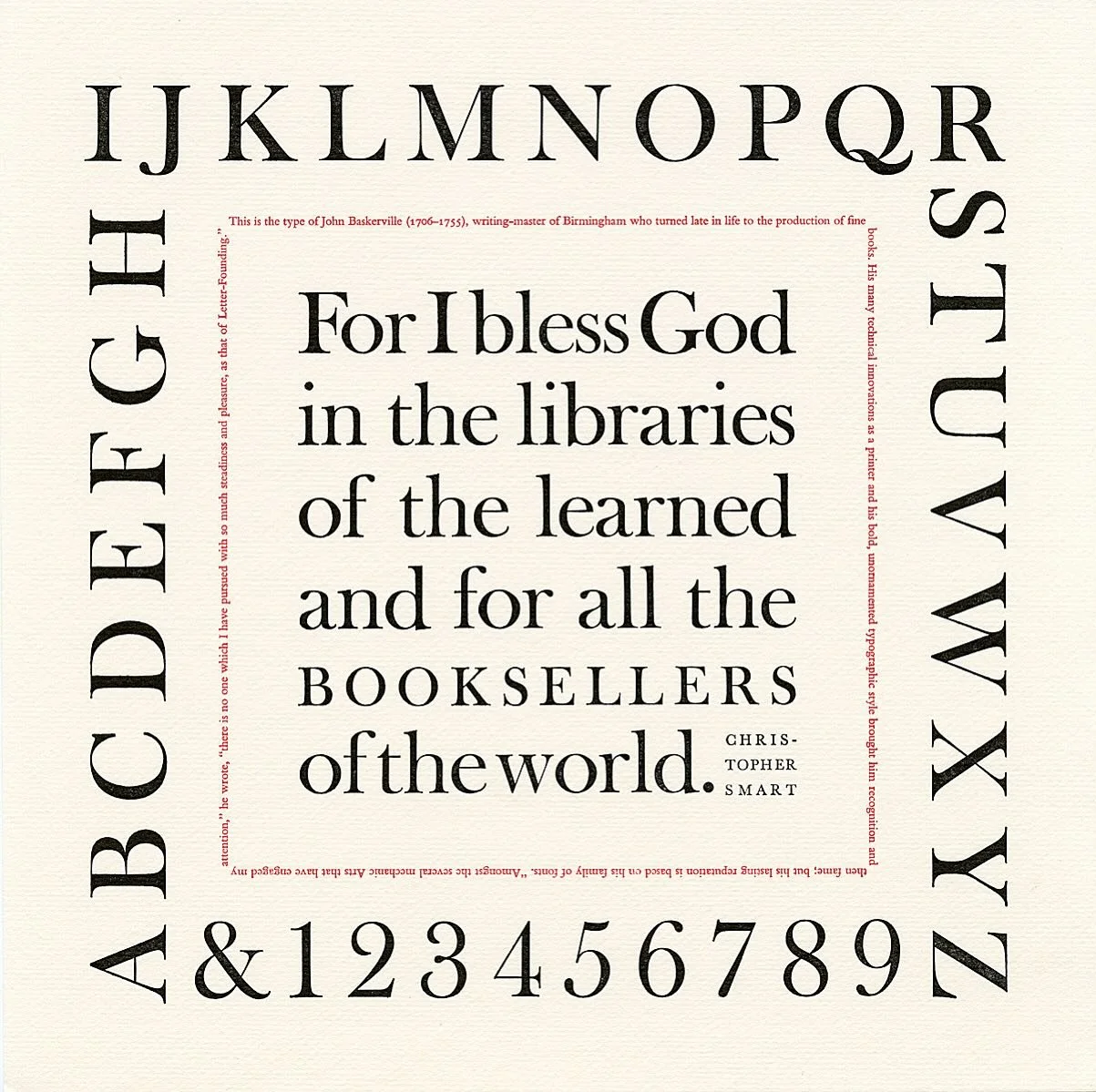 From Alphabets of Grace, a 1986 calendar of letterforms &amp; type designs, printed in two colors letterpress, on a unique letterpress version of Curtis Tweedweave paper, by The Stinehour Press in Lunenburg, Vermont. (10.875 x 10.875 inches)

Designe
