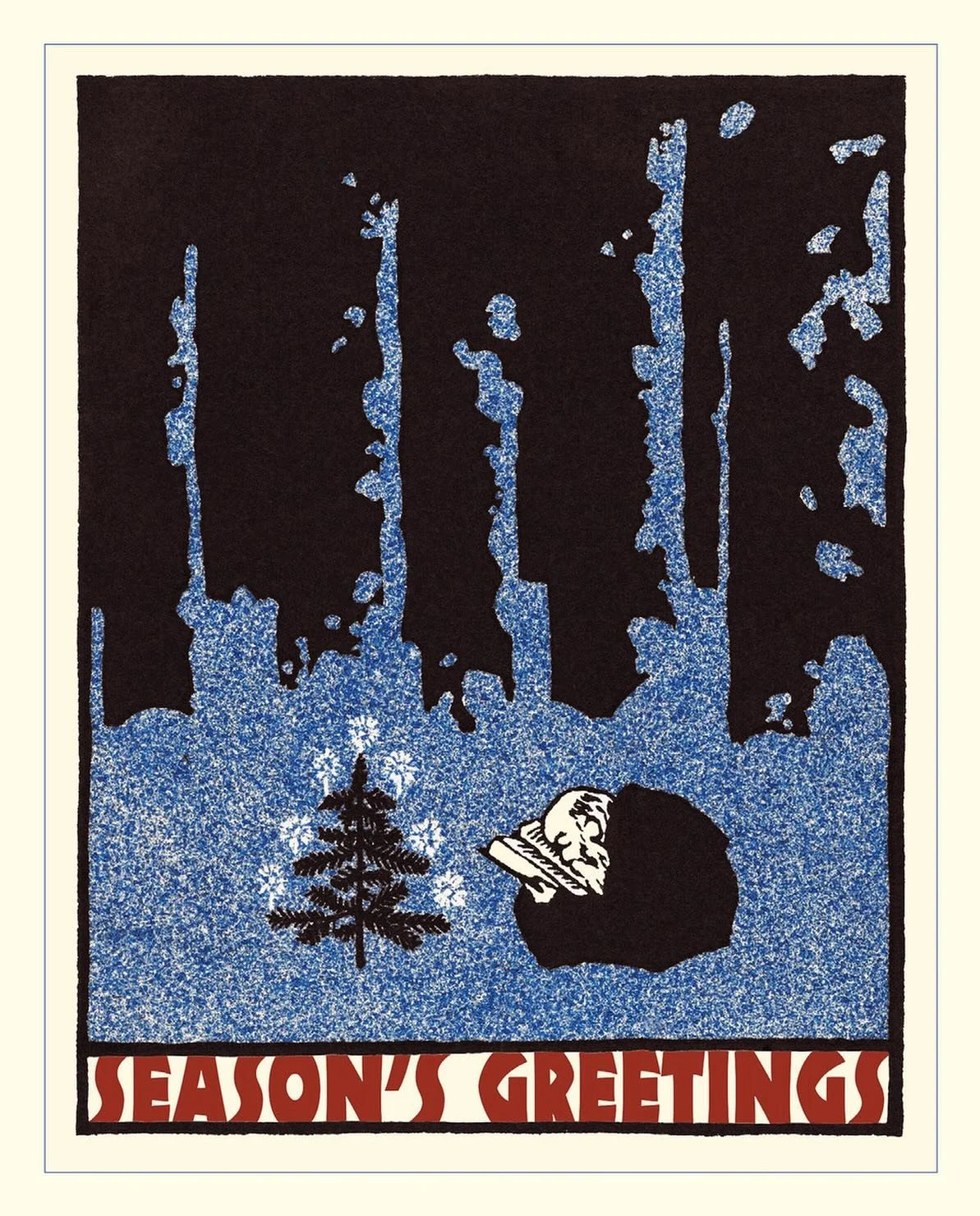&ldquo;Scholar Printer with Christmas Tree&rdquo;
Color linocut by Moriz Jung (1885&ndash;1915). Moriz was an Austrian artist and illustrator associated with the Wiener Werkst&auml;tte, known for his innovative postcards and satirical works that blen