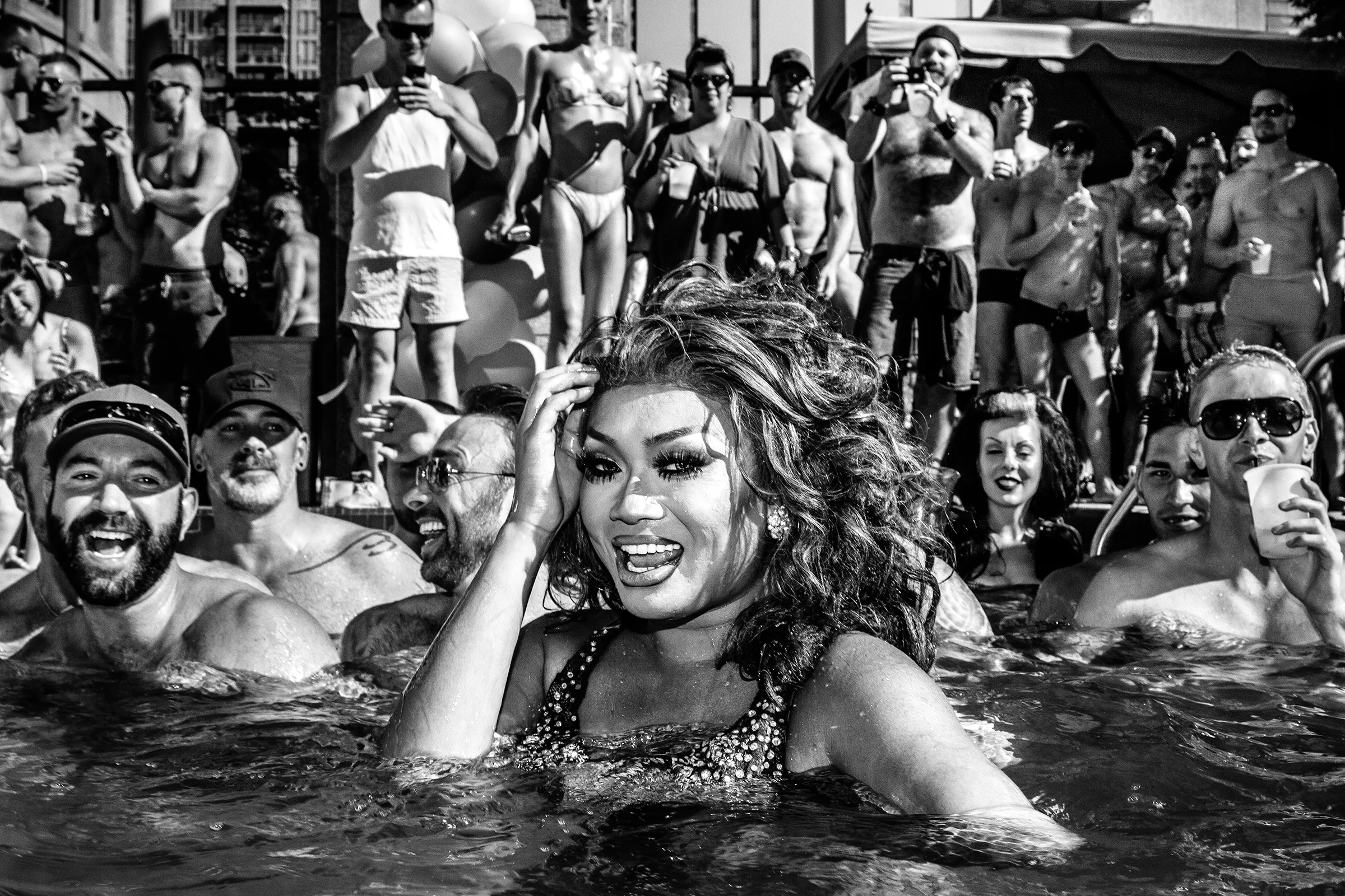Jujubee of RuPaul's Drag Race face performs in the pool at a Pride party in Vancouver, BC, on August 4th, 2012.