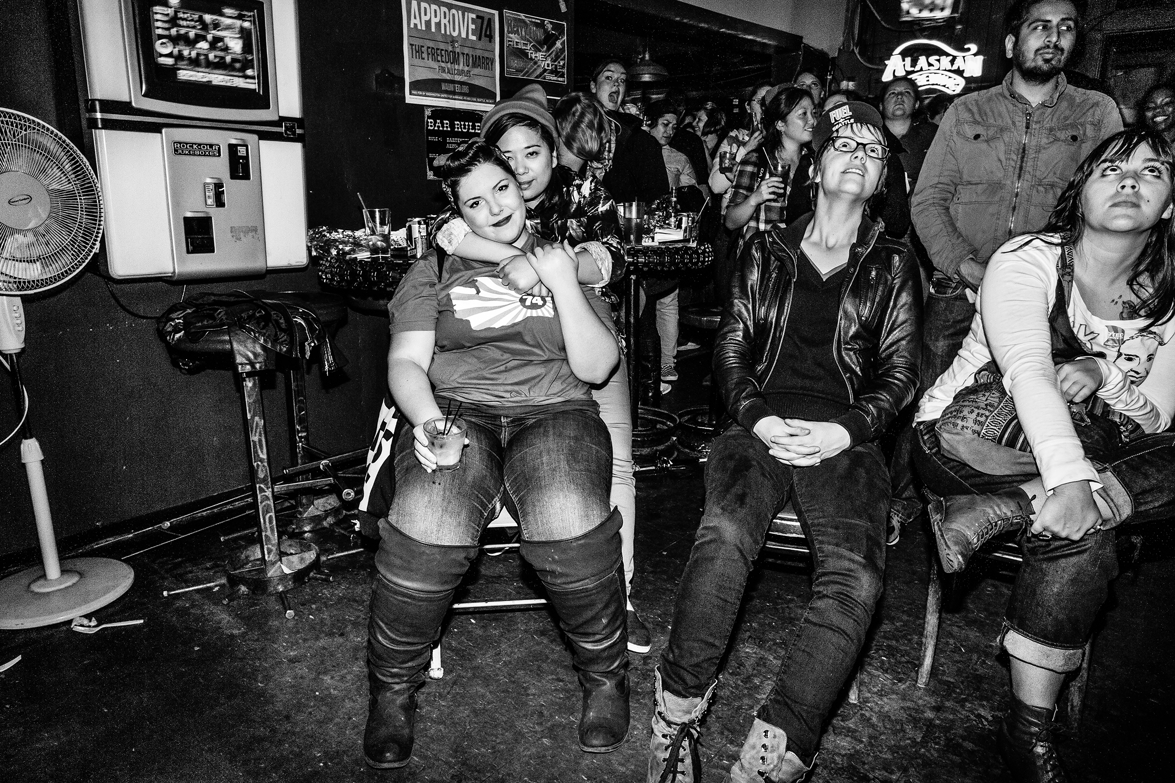 Singer, songwriter and spoken word artist Mary Lambert is embraced by her girlfriend at The WildRose in Seattle after it was announced that voters had approved marriage equality in the state of Washington on November 6th, 2012. Mary Lambert is the featured artist of Macklemore & Ryan Lewis's LGBTQ rights single "Same Love."