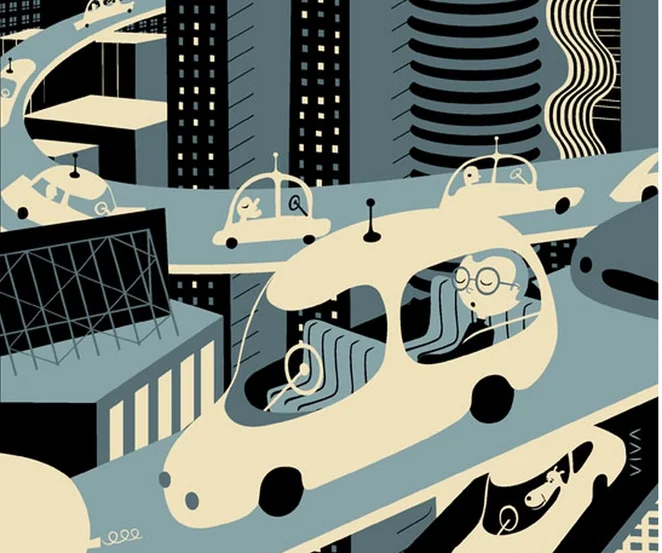 The cover art, titled Asleep at the Wheel, from the New Yorker that featured Bilger's article. My favorite bit is the dog "driving" at the bottom, only because my wife and I can imagine our dog using the car a) to go get treats or b) to take himself for a hike in the woods.