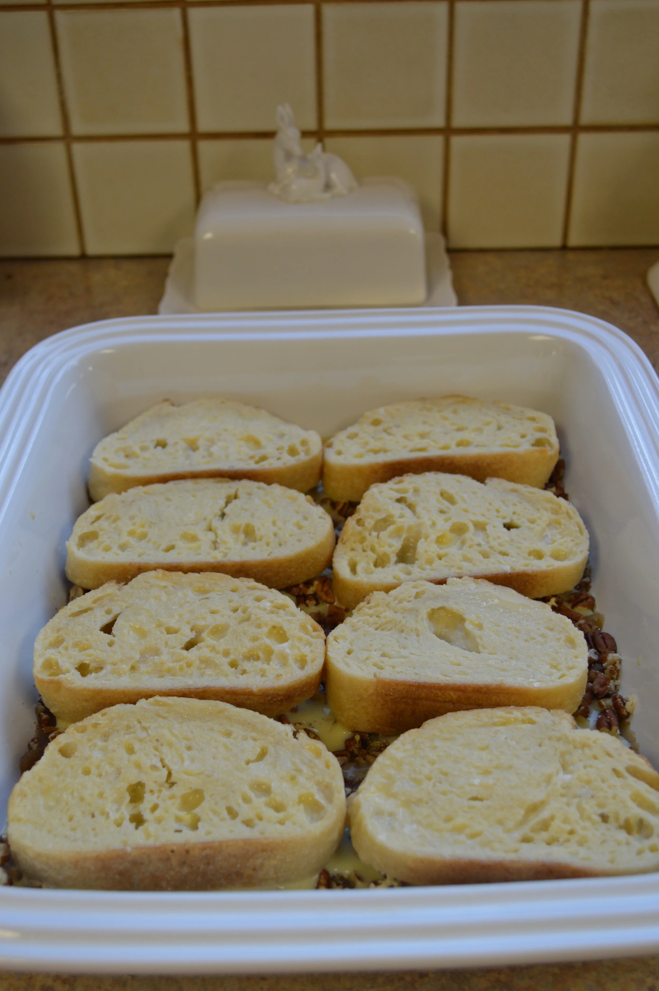 Dipped bread ready to go in refrigerator...