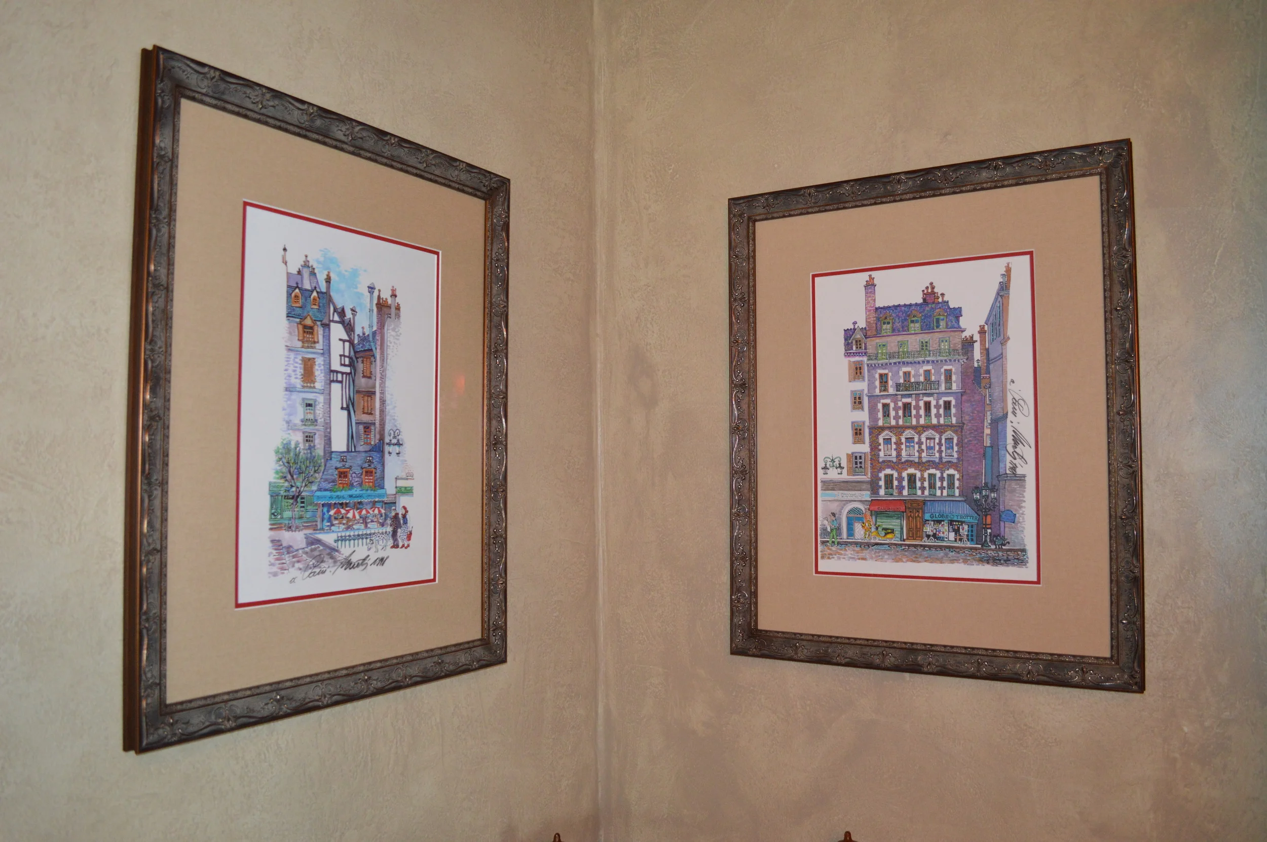 You can see the textured walls here...along with two of three paintings I bought in Paris from a sidewalk artist along the Champs Elysees years ago.