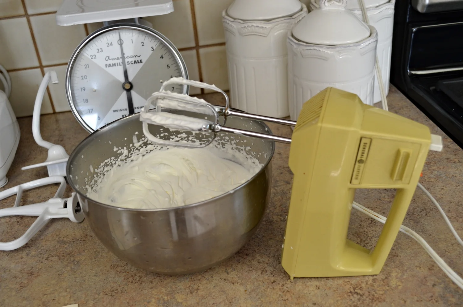 Whipping cream...with my trusty harvest gold mixer I received in a bridal shower!