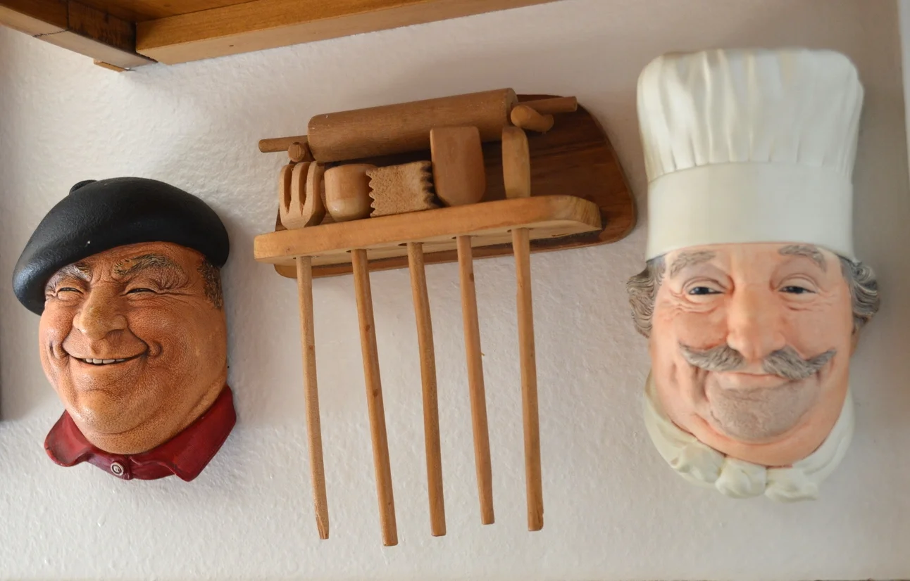 Bosson heads from England...Pierre and the Chef. The miniature baking tools were a birthday gift when I was 4!
