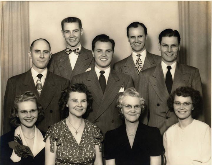 The Olaf Stenberg family after the war, circa 1948, after Grandpa had passed away. Top Row: Osborn and Odin Kenneth, Middle Row: Harold, Ralph, and Vernon, Bottom Row: Lydia, Synnove, Signe, and Elsie Stenberg.