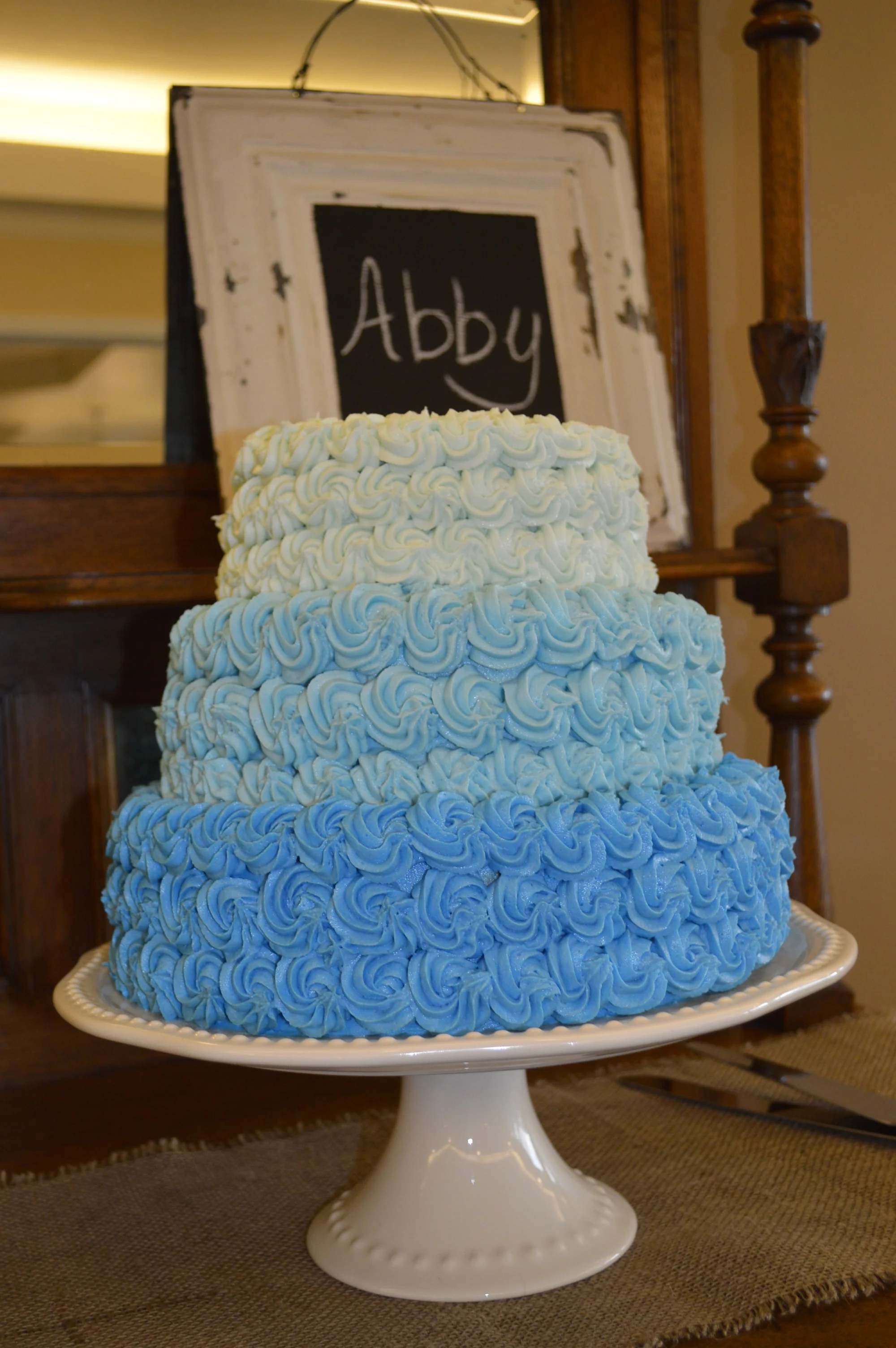 Shower cake in shades of blue...the wedding colors!