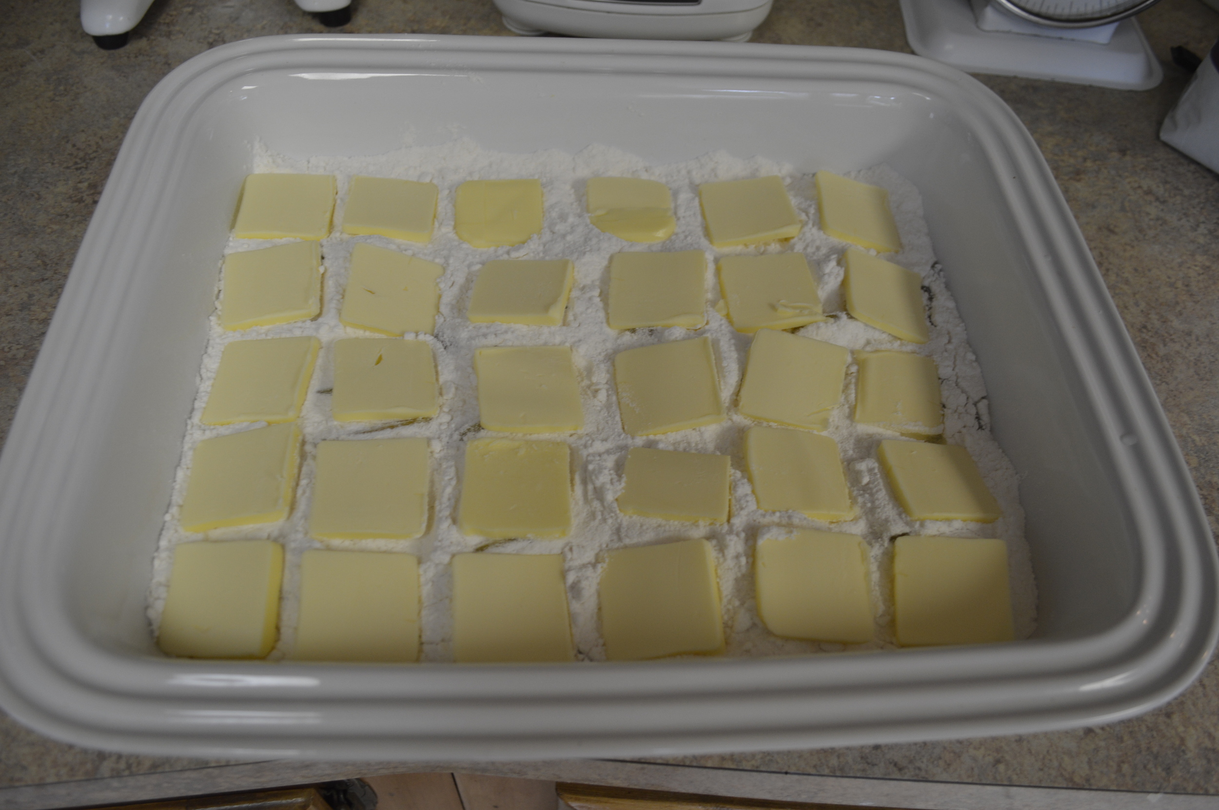 Cake mix on top and with the butter pats added...