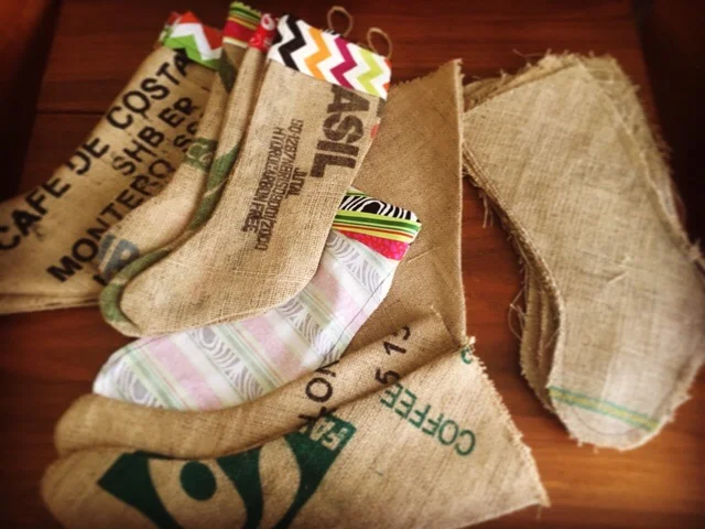 Working on coffee sack christmas stockings
