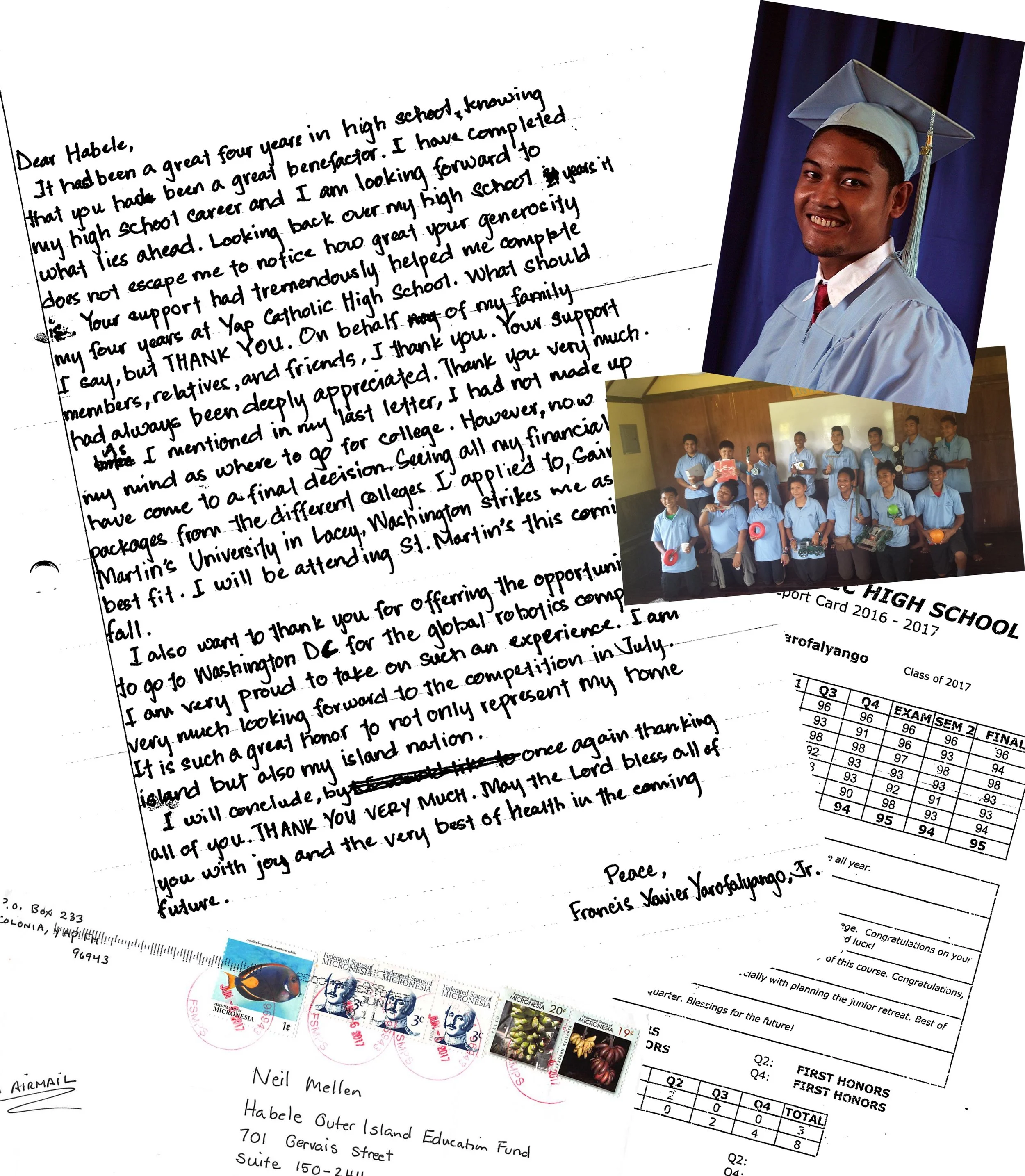 "Former Habele Scholar Francis "Cisco" Yarofalyango of Lamotrek Atoll graduated Yap Catholic High School this summer. He will be attending Saint Martin's University in Washington State this fall."