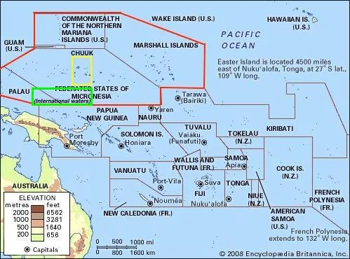 Depending on how Chuuk negotiates with the FSM, an independent Chuuk may become sandwiched inside a US controlled Micronesia, with international waters to the south. Chuuk may also become one of the smallest countries in the Pacific. (Red lines mark US controlled waters, yellow lines depict what an independent Chuuk may look like. Green lines mark international waters).
