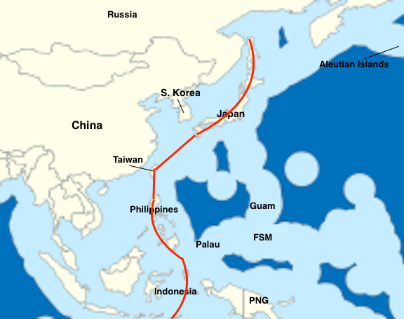 Areas in dark blue mark international waters. Light blue areas fall within a country's territory. The red line indicates a wall of US-Asia alliances. (illustration by: Wikimedia user )