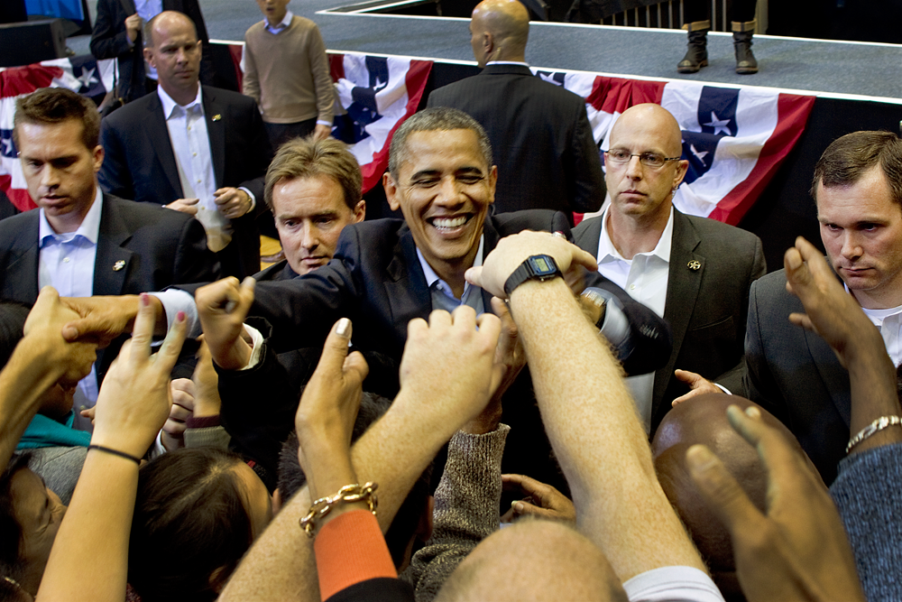 A well guarded president greets the crowd. Cincinnati, OH 2012