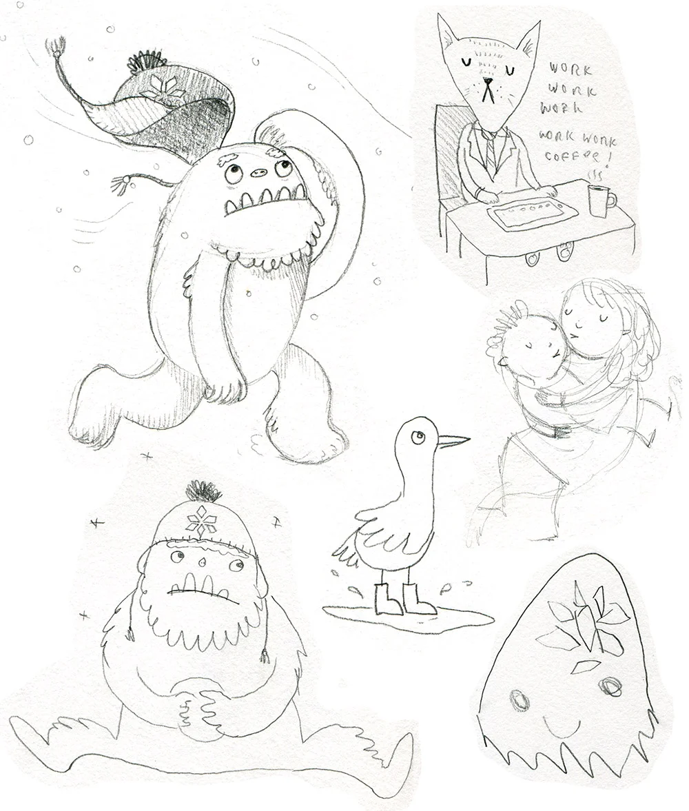 Random, fictitious bits from the sketchbook. Note the bottom right drawing by my son after my Yeti.