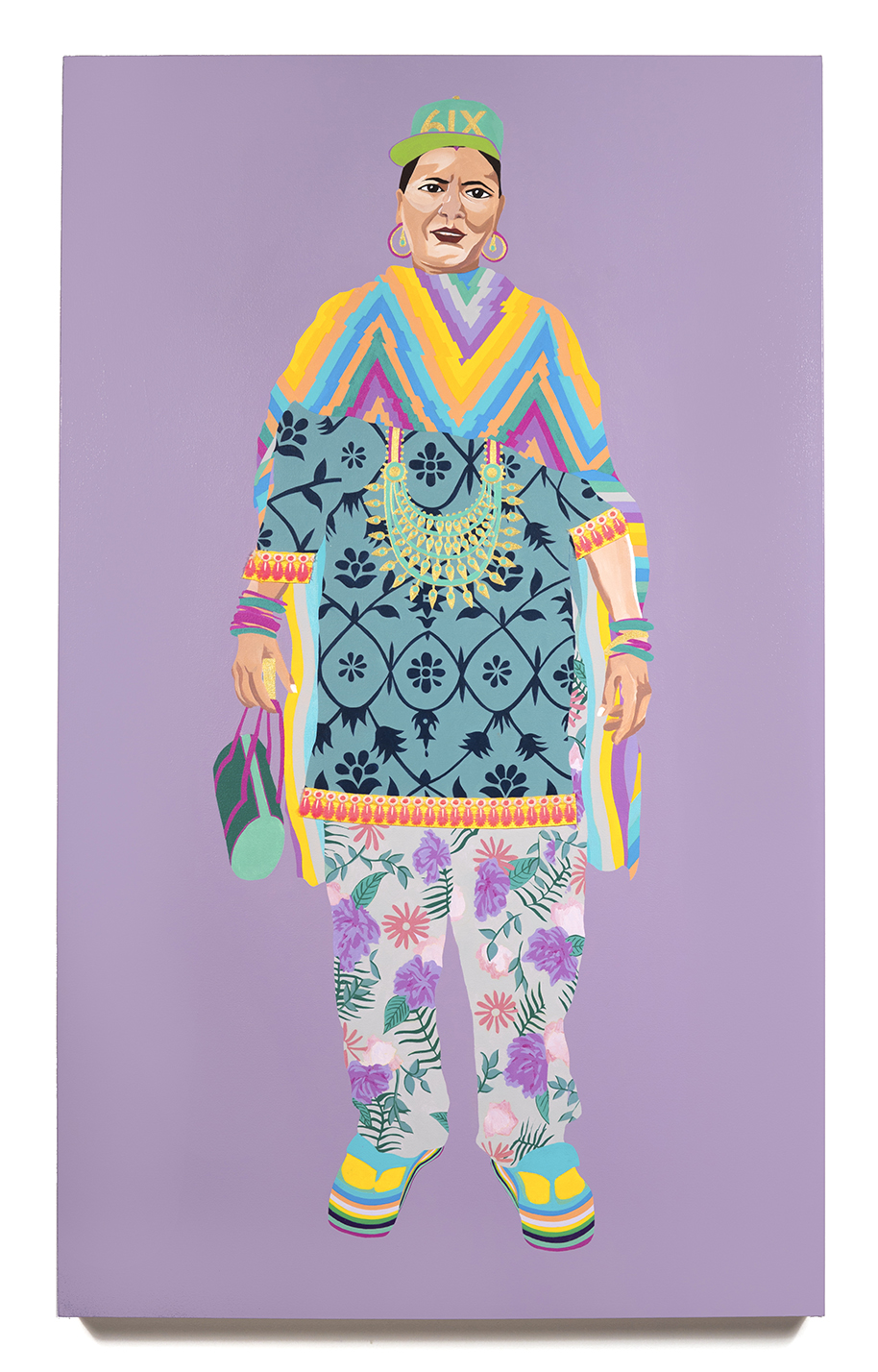 2016. Preeti Aunty ( Upping the Aunty series) Acrylic and fabric on canvas 36 in. x 60 in. Pretty Aunty rocks Punjabi floral semi-patialas, a Mugal-inspired block-printed kurta with Hawaii platform chappels and a 6IX snapback. Her colour choices are bold and reckless suggesting a fearless give-no-fucks attitude. Private Collection